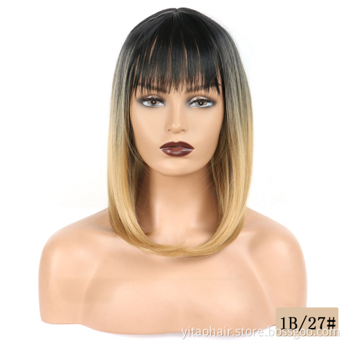 Anogol Cheap Ombre color black root Blonde Synthetic hair Bob Wigs With Bangs two tone 1B/#27 sik straight synthetic hair  wigs